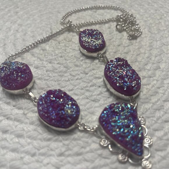 Gorgeous PURPLE/PINK TITANIUM DRUZY Handmade Sterling 925 Necklace #127D - Picture 1 of 3